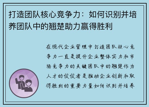 打造团队核心竞争力：如何识别并培养团队中的翘楚助力赢得胜利