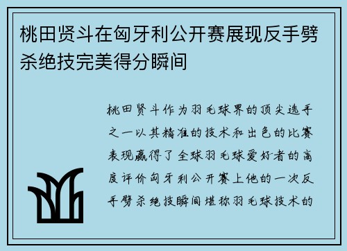 桃田贤斗在匈牙利公开赛展现反手劈杀绝技完美得分瞬间