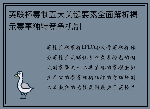 英联杯赛制五大关键要素全面解析揭示赛事独特竞争机制