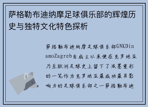 萨格勒布迪纳摩足球俱乐部的辉煌历史与独特文化特色探析 萨格勒布迪纳摩足球俱乐部的辉煌历史与独特文化特色探析