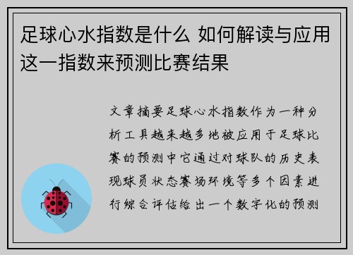 足球心水指数是什么 如何解读与应用这一指数来预测比赛结果